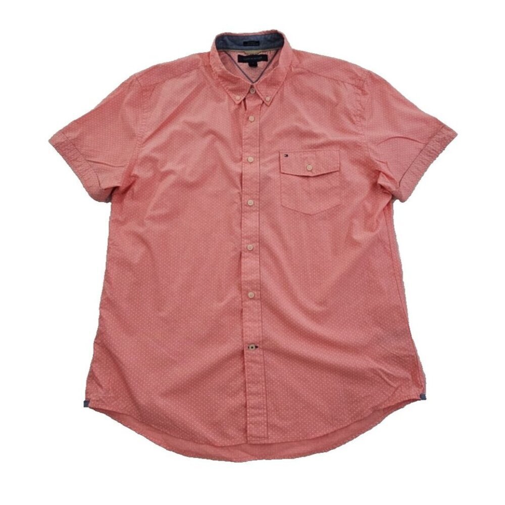 Tommy Hilfiger Polka Dot Shirt Men's XL Pink White Short Sleeve EUC Custom Fit